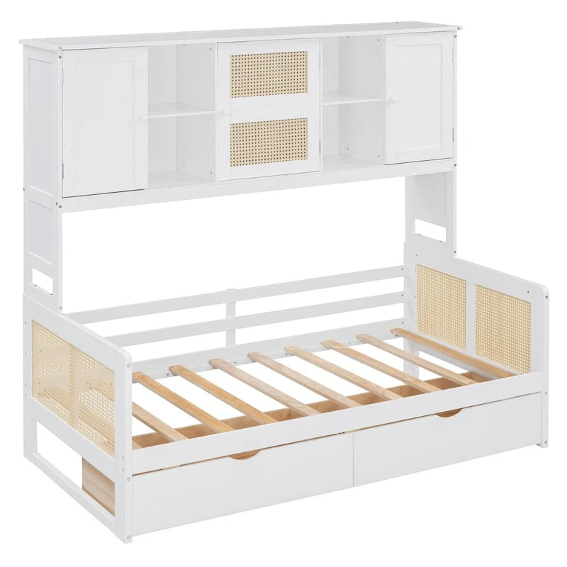 Twin Daybed with Storage Drawers, Cabinet, and Shelf, Sturdy Wood Construction