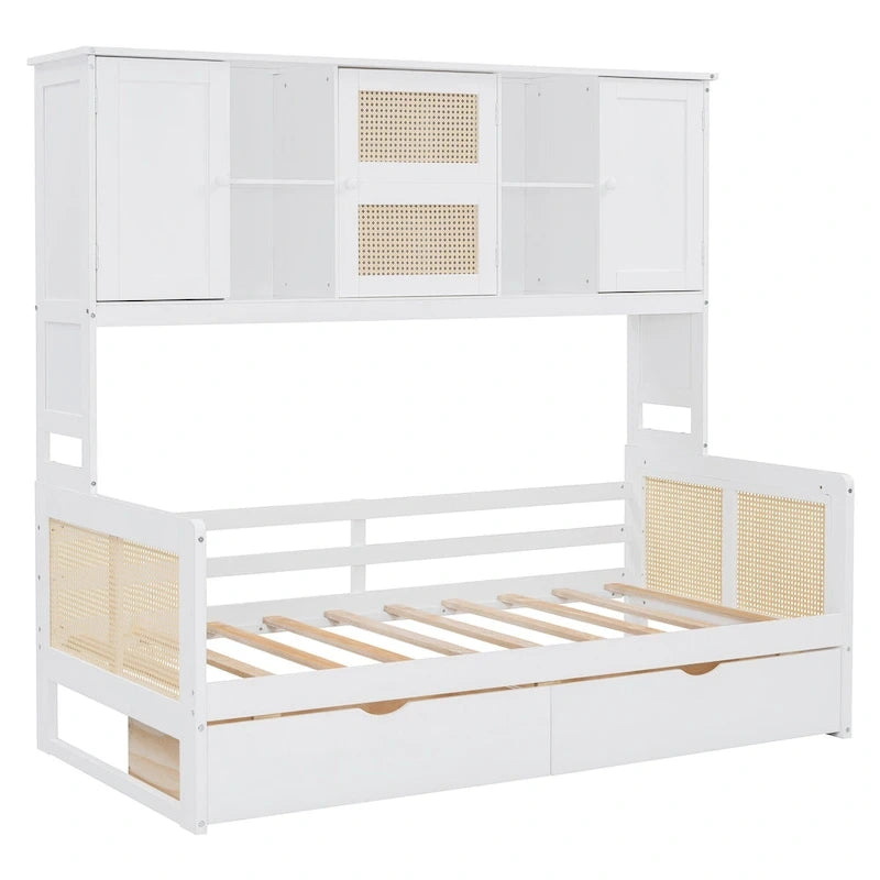 Twin Daybed with Storage Drawers, Cabinet, and Shelf, Sturdy Wood Construction