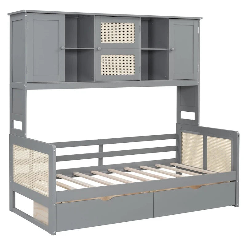 Twin Daybed with Storage Drawers, Cabinet, and Shelf, Sturdy Wood Construction