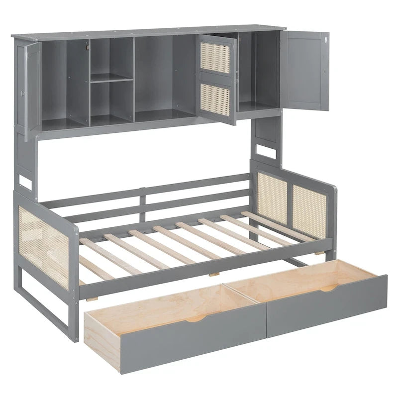 Twin Daybed with Storage Drawers, Cabinet, and Shelf, Sturdy Wood Construction
