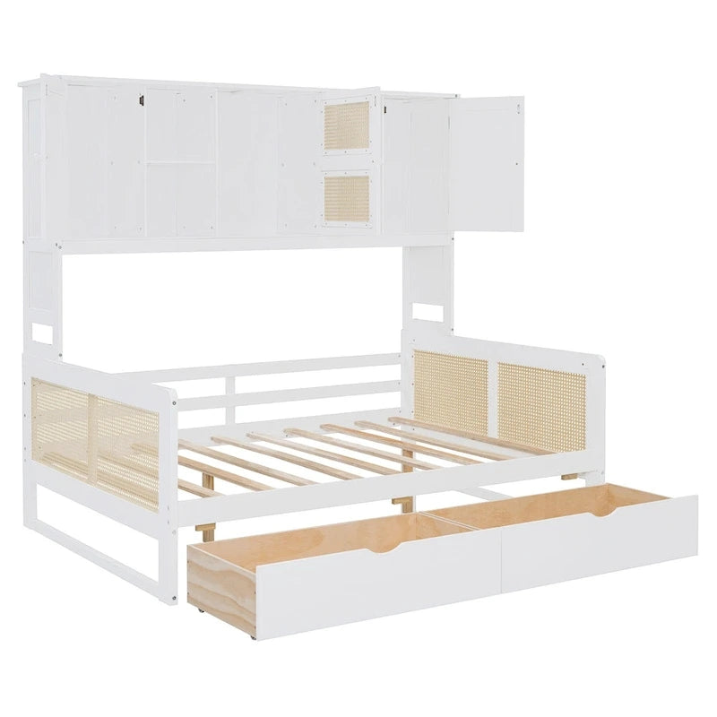 Twin Daybed with Storage Drawers, Cabinet, and Shelf, Sturdy Wood Construction
