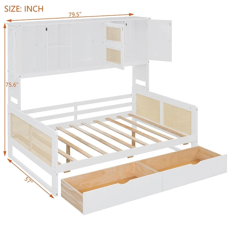 Twin Daybed with Storage Drawers, Cabinet, and Shelf, Sturdy Wood Construction