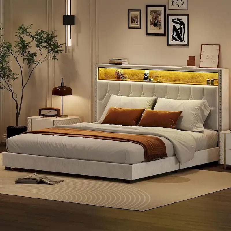 Velvet Upholstered Platform Bed Frame with Storage Headboard and Nailhead Trim Wingback