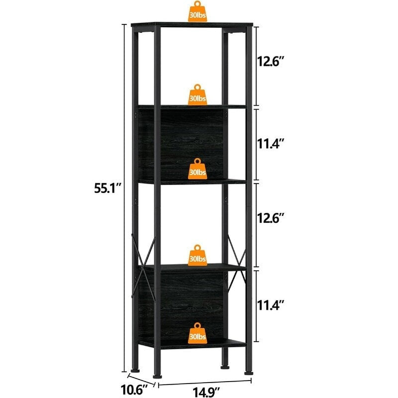 5 Tier Tall Bookshelf - 14.9  D x 10.6  W x 55.1  H