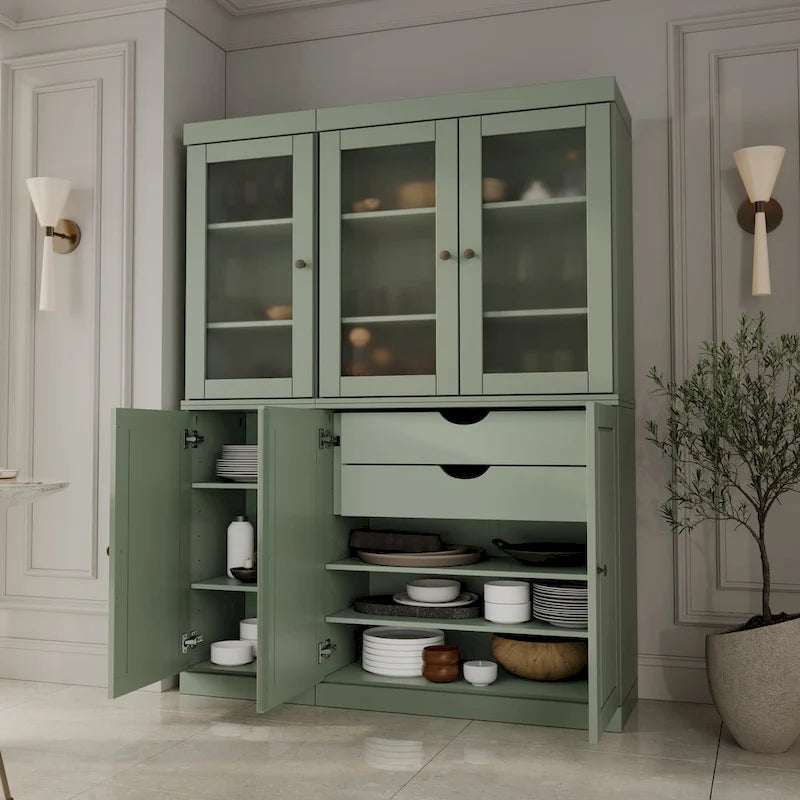 Palace Imports 100% Solid Wood 48.5   Pantry China Cabinet with Frosted Glass, Solid Wood Doors and 2-Drawers