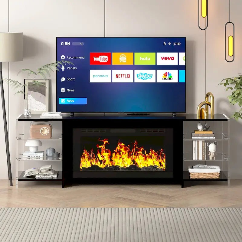 VECELO 70   Rustic TV Stand without/with Fireplace Heater(2 Options),Media Entertainment Center Table with Storage Shelves