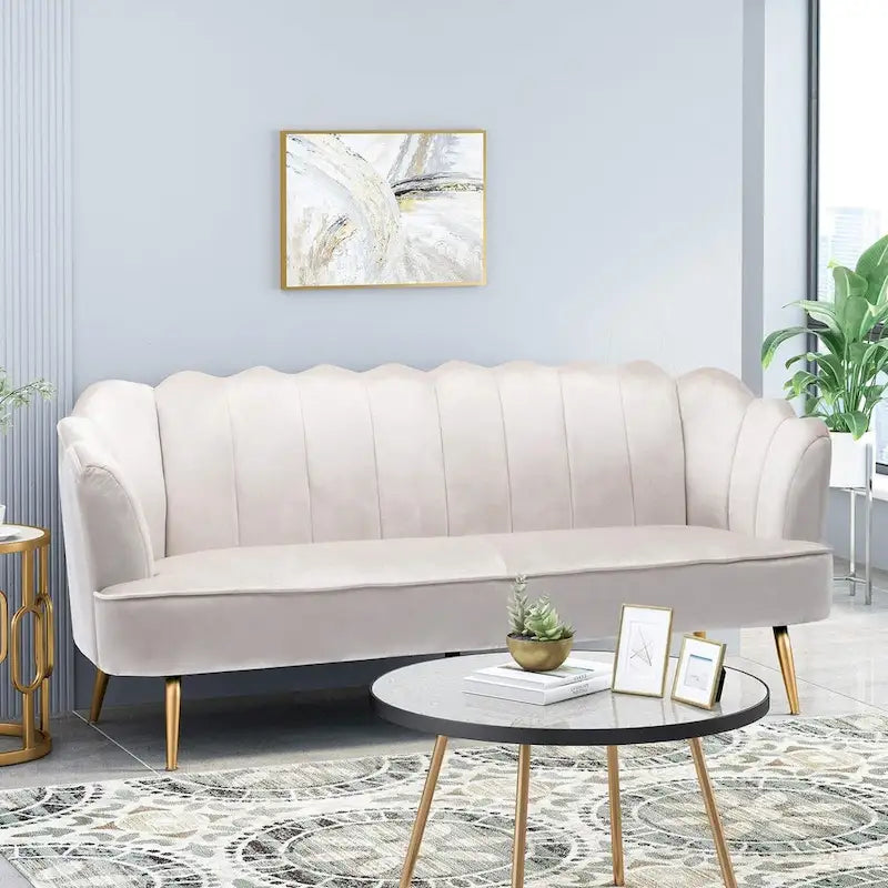 Velvet Channel Stitched 3-seater Sofa with Metal Legs