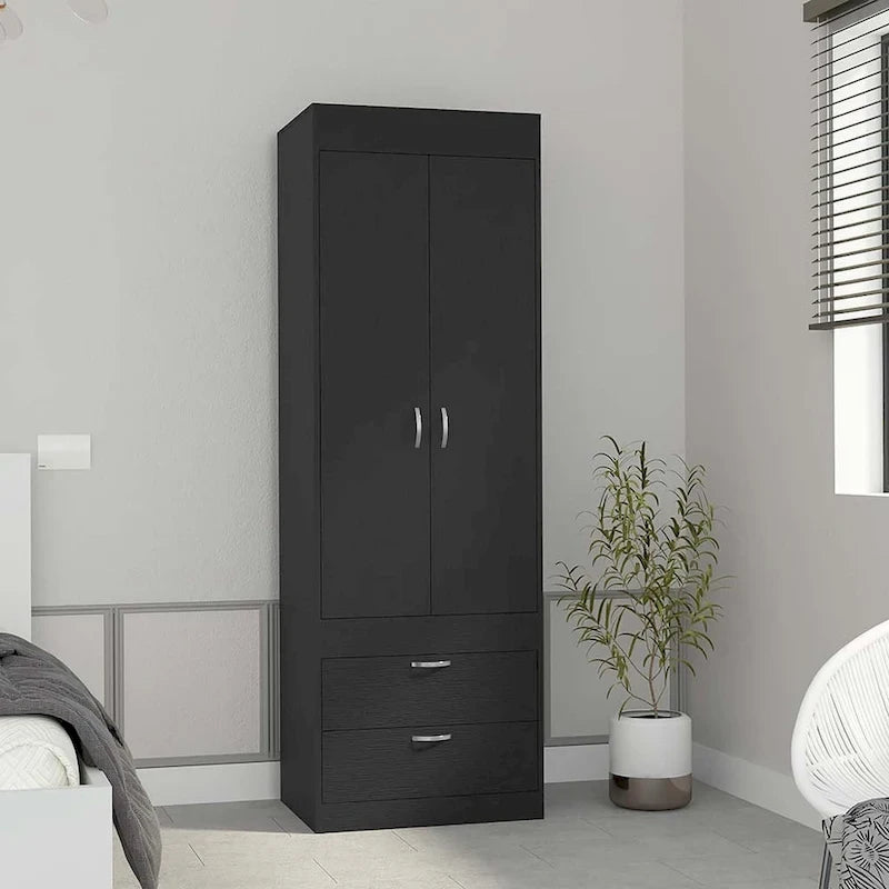 18.9   Modern Double-door Armoire with Two Bottom Drawers and Hanging Rod for Bedroom