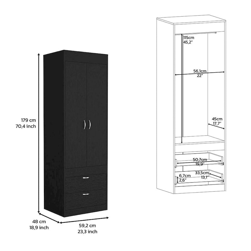 18.9   Modern Double-door Armoire with Two Bottom Drawers and Hanging Rod for Bedroom