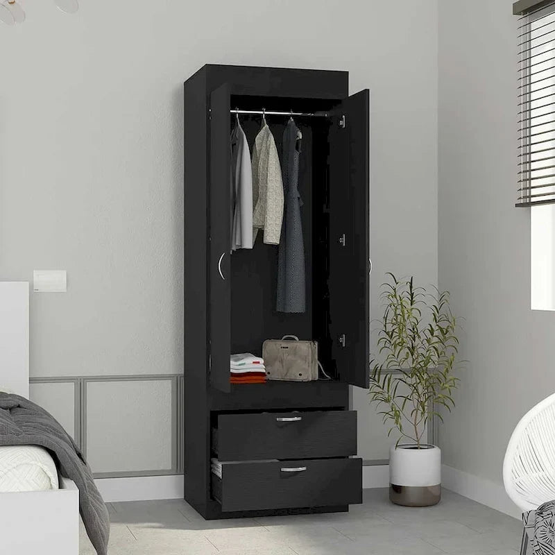18.9   Modern Double-door Armoire with Two Bottom Drawers and Hanging Rod for Bedroom