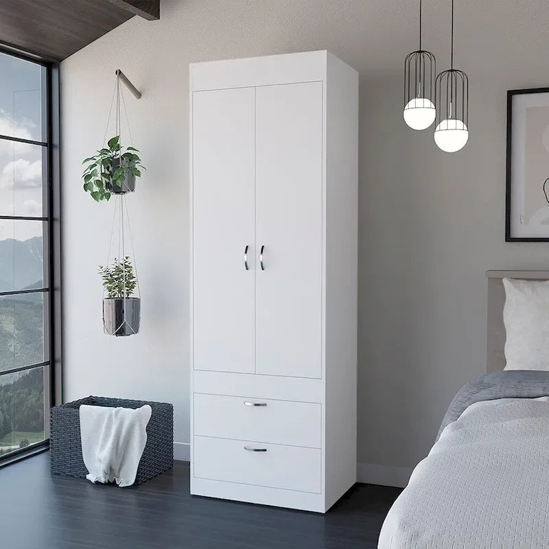 18.9   Modern Double-door Armoire with Two Bottom Drawers and Hanging Rod for Bedroom