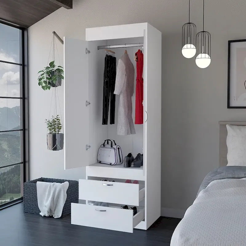 18.9   Modern Double-door Armoire with Two Bottom Drawers and Hanging Rod for Bedroom