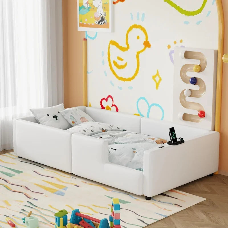 Twin Upholstered Bed with Guardrail & Charging Station