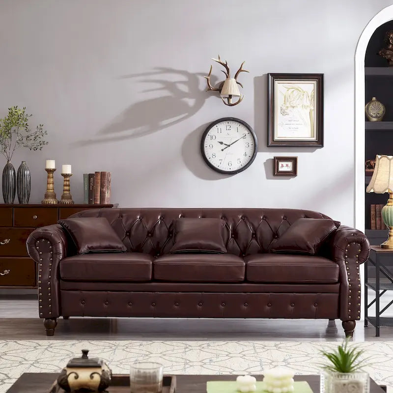 85.8   Technical Leather 3-Seater Sofa with Tufted Backrest & Storage