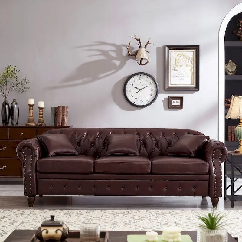 85.8   Technical Leather 3-Seater Sofa with Tufted Backrest & Storage