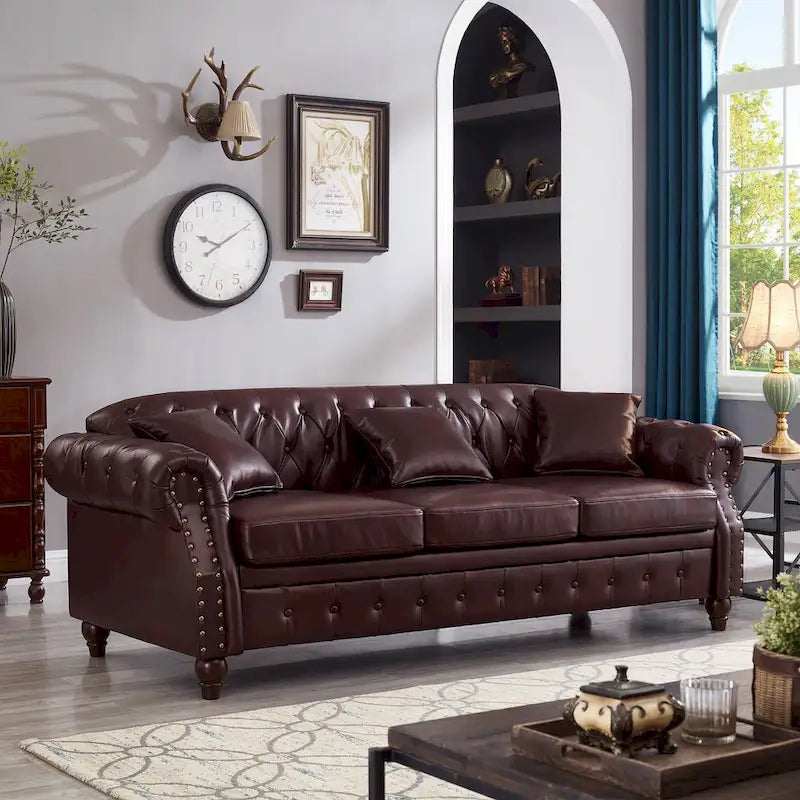 85.8   Technical Leather 3-Seater Sofa with Tufted Backrest & Storage