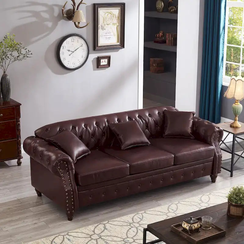 85.8   Technical Leather 3-Seater Sofa with Tufted Backrest & Storage