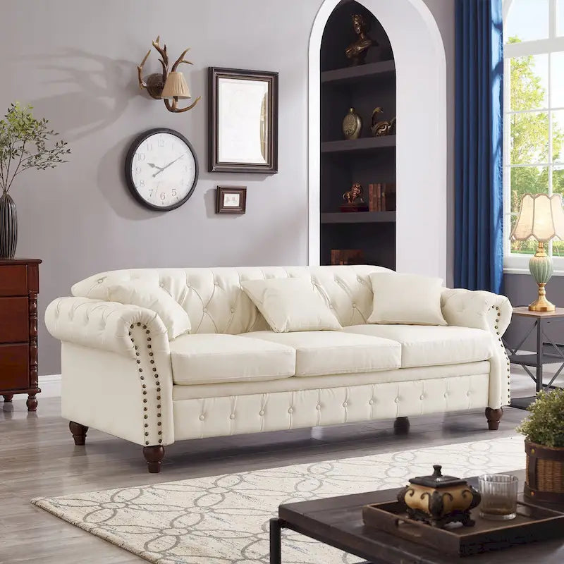 85.8   Technical Leather 3-Seater Sofa with Tufted Backrest & Storage