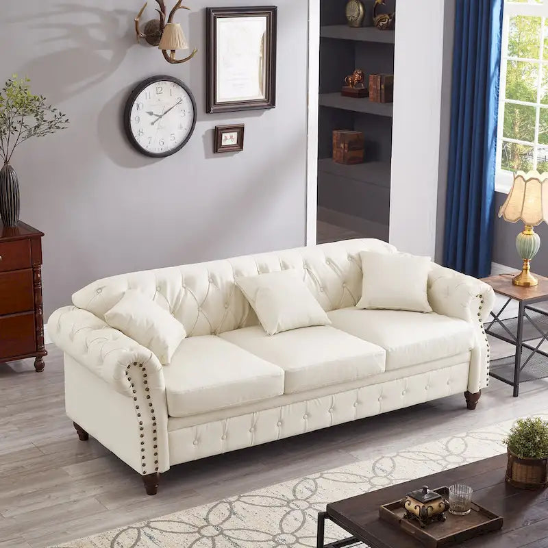 85.8   Technical Leather 3-Seater Sofa with Tufted Backrest & Storage