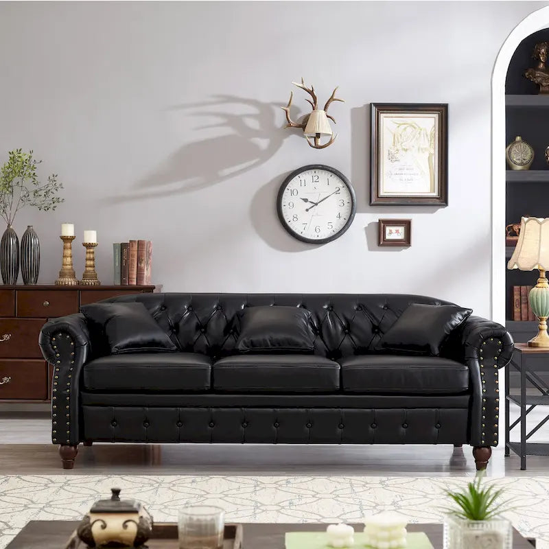 85.8   Technical Leather 3-Seater Sofa with Tufted Backrest & Storage