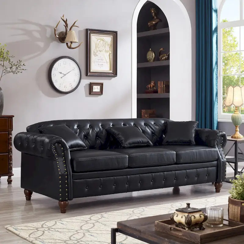 85.8   Technical Leather 3-Seater Sofa with Tufted Backrest & Storage