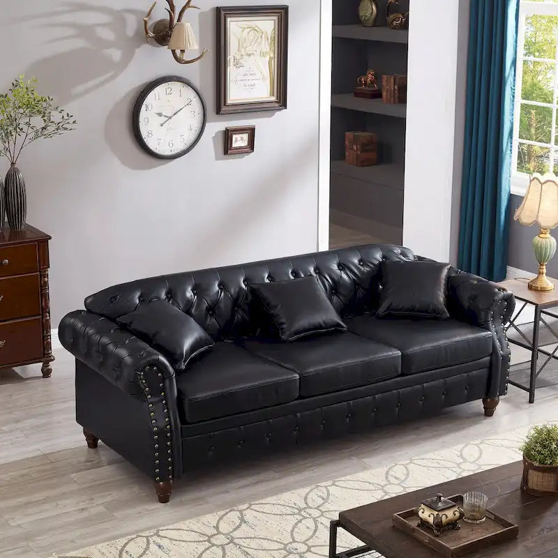 85.8   Technical Leather 3-Seater Sofa with Tufted Backrest & Storage
