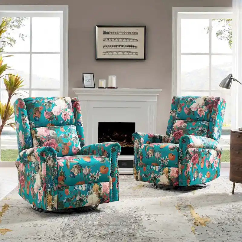 Leopold Transitional Floral Print Manual Swivel Rocking Recliner with Nailhead Trims Set of 2 by HULALA HOME