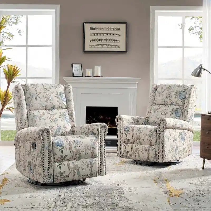 Leopold Transitional Floral Print Manual Swivel Rocking Recliner with Nailhead Trims Set of 2 by HULALA HOME