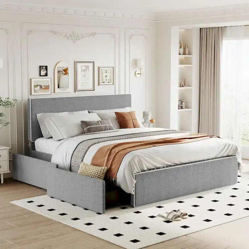 Upholstered Platform Bed with 4 Drawers and Golden Edge