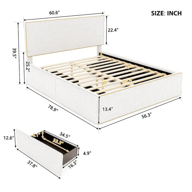 Upholstered Platform Bed with 4 Drawers and Golden Edge