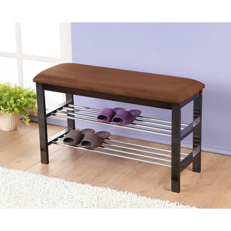 Roundhill Furniture Dark Espresso Wood Shoe Bench with Chocolate Microfiber Seat