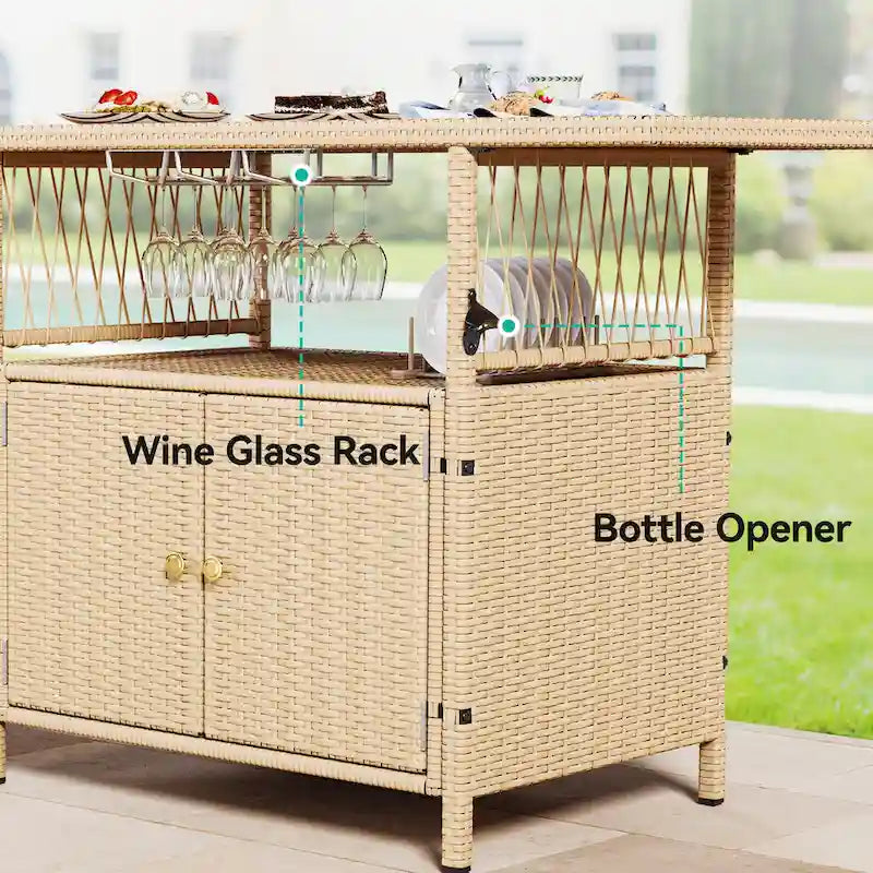 Moasis Outdoor Storage Cabinet Patio Wicker Bar Counter Backyard Furniture w/Plastic Wood Tabletop - 50.4  L x20.9  W x 33.9  H