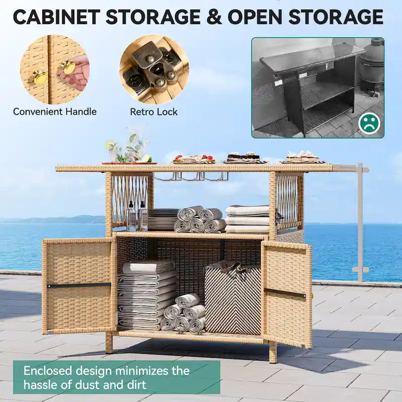 Moasis Outdoor Storage Cabinet Patio Wicker Bar Counter Backyard Furniture w/Plastic Wood Tabletop - 50.4  L x20.9  W x 33.9  H