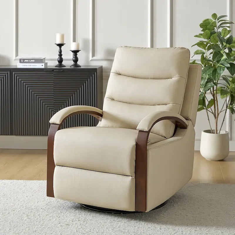 Leopold Modern Genuine Leather Swivel Rocking Manual Recliner Chair with Wooden Arm Accents by HULALA HOME