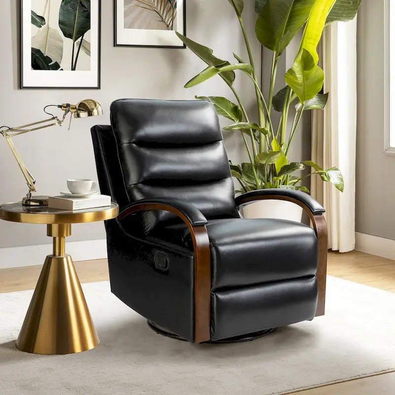 Leopold Modern Genuine Leather Swivel Rocking Manual Recliner Chair with Wooden Arm Accents by HULALA HOME