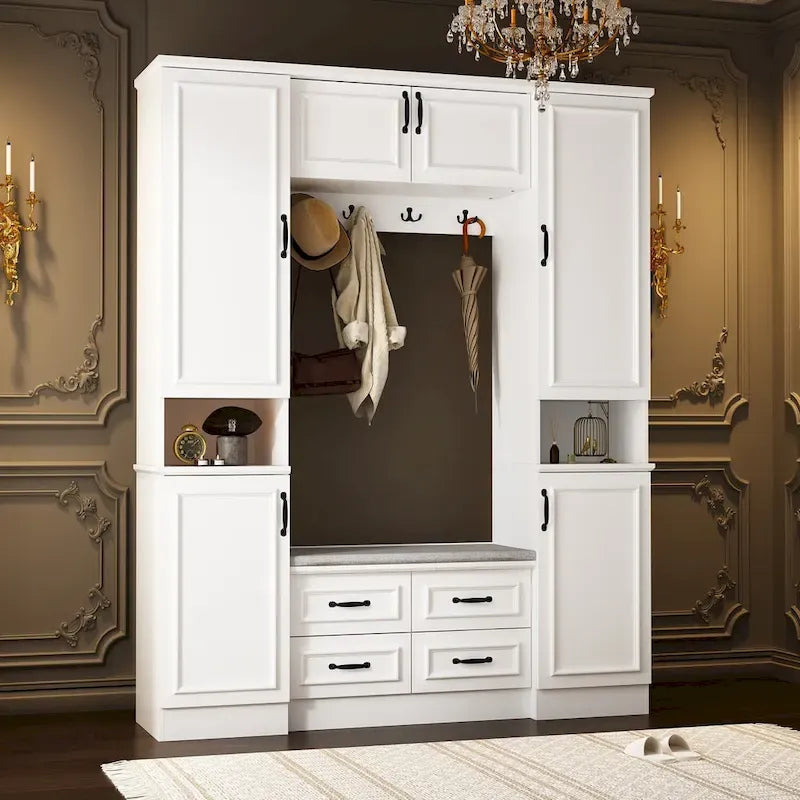 Modern 6-Door Armoire with Cushioned Bench and Drawers
