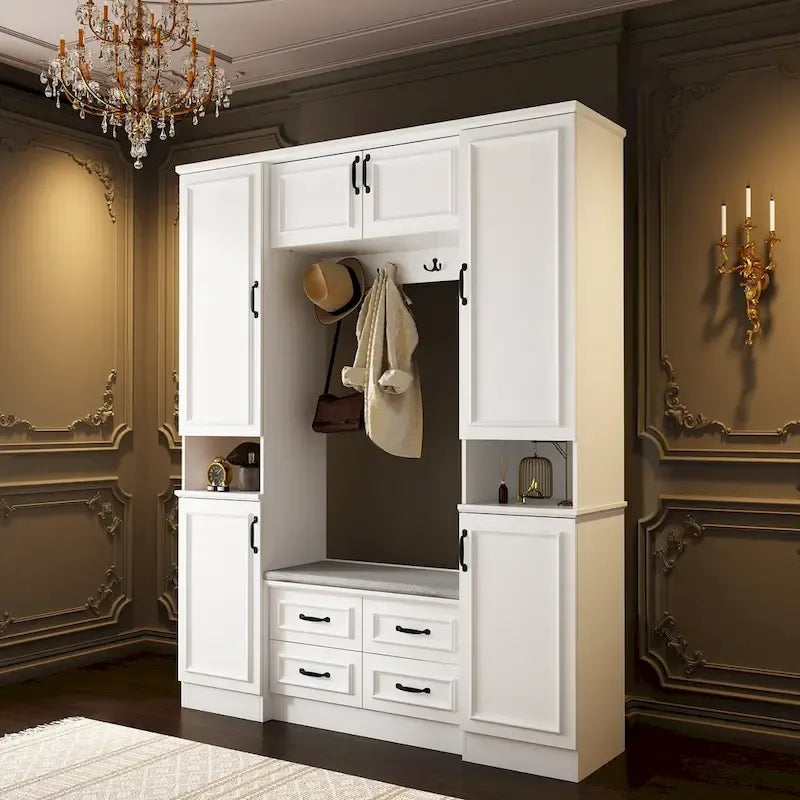 Modern 6-Door Armoire with Cushioned Bench and Drawers