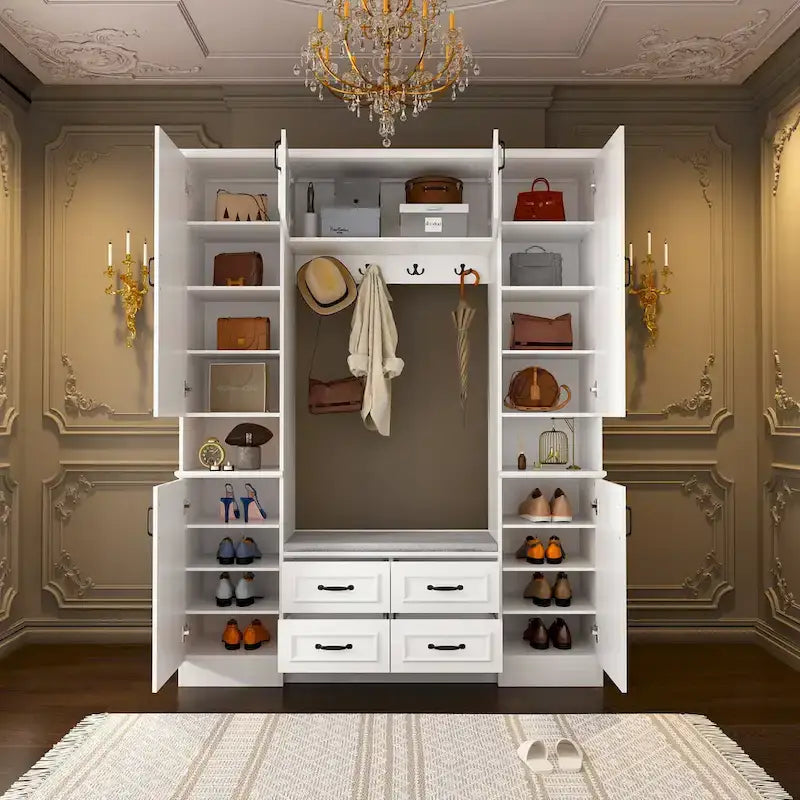 Modern 6-Door Armoire with Cushioned Bench and Drawers