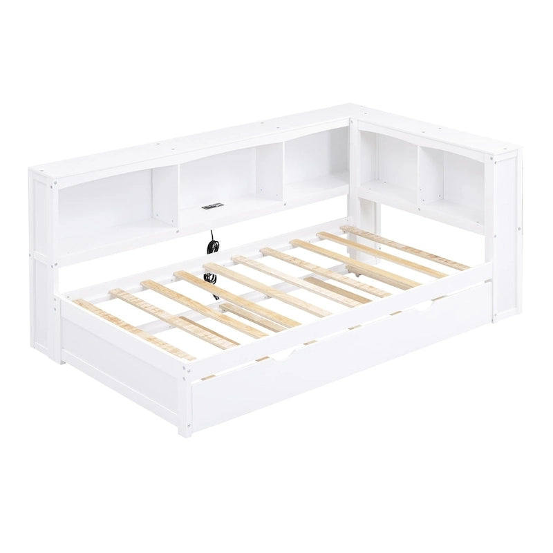 Twin Size Daybed with Trundle, Storage Cabinets and USB Ports, White