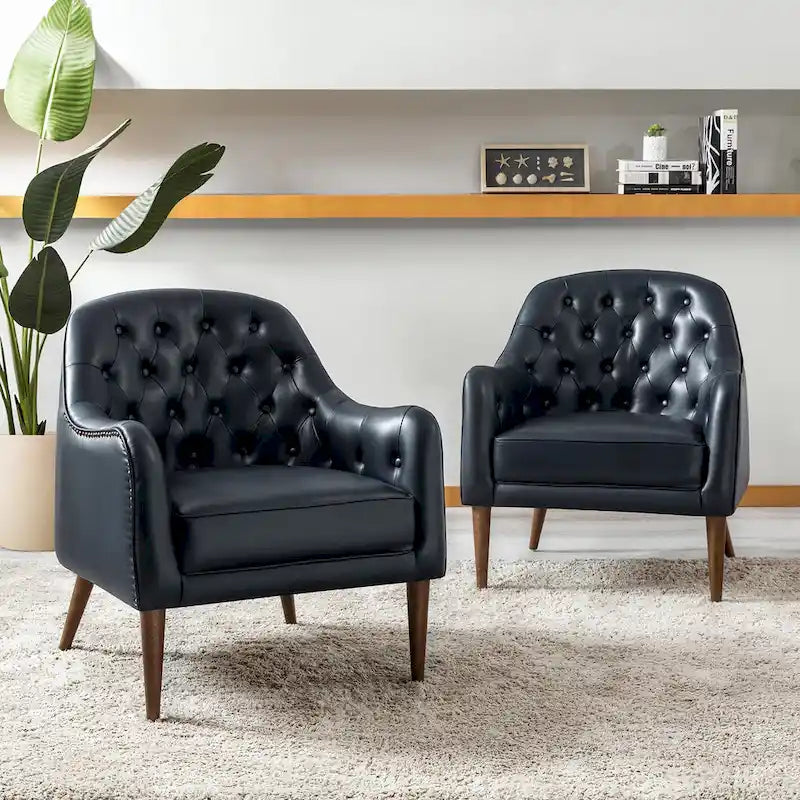 Melisa Classic Genuine Leather Wood Legs Barrel Chair With Tufted Back Set Of 2 By HULALA HOME