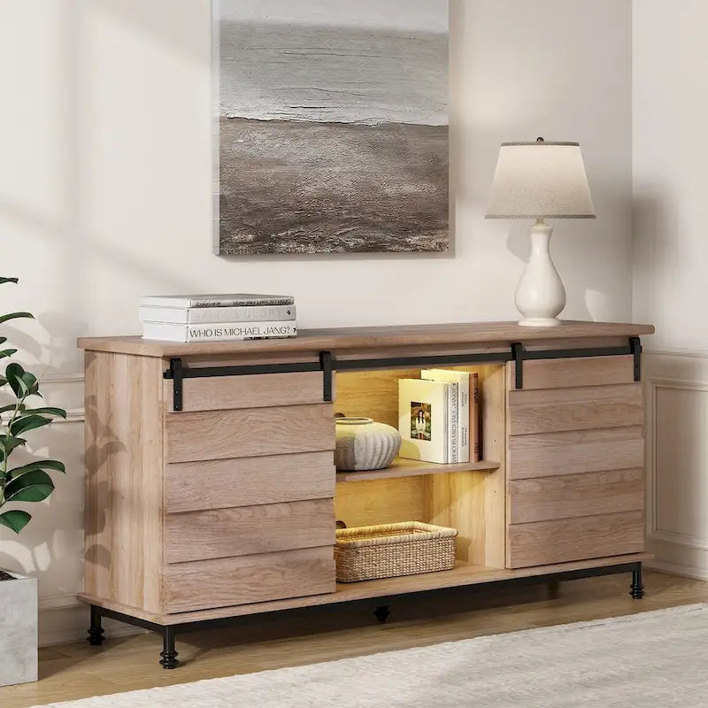 WAMPAT Farmhouse Sliding Barn Door TV Stands Storage Cabinets Entertainment Stand for TVs Up to 65