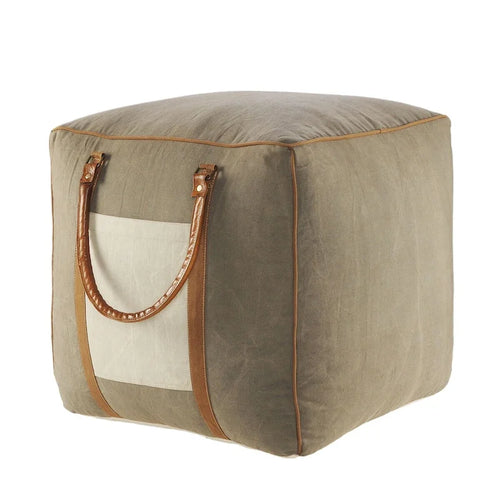 20   Gray Ivory Faux Leather Handmade Square Pouf Ottoman With Handles