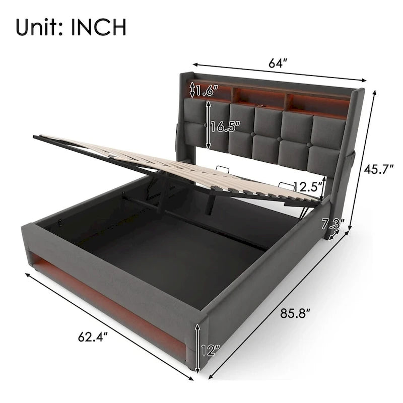 Queen/Full Size Upholstered Platform bed with a Hydraulic Storage System, LED and USB Charging