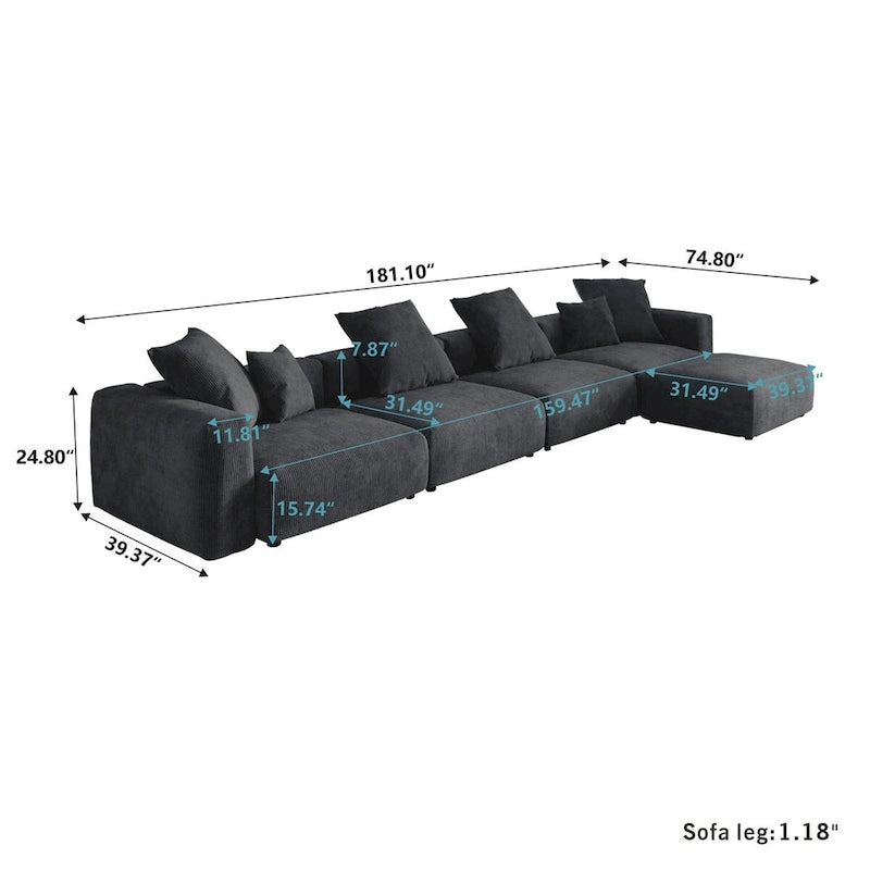 181  Oversized Corduroy Sectional Sofa Couch with Ottoman, L Shaped Convertible Couch Deep Seat Couches for Modern Living Room