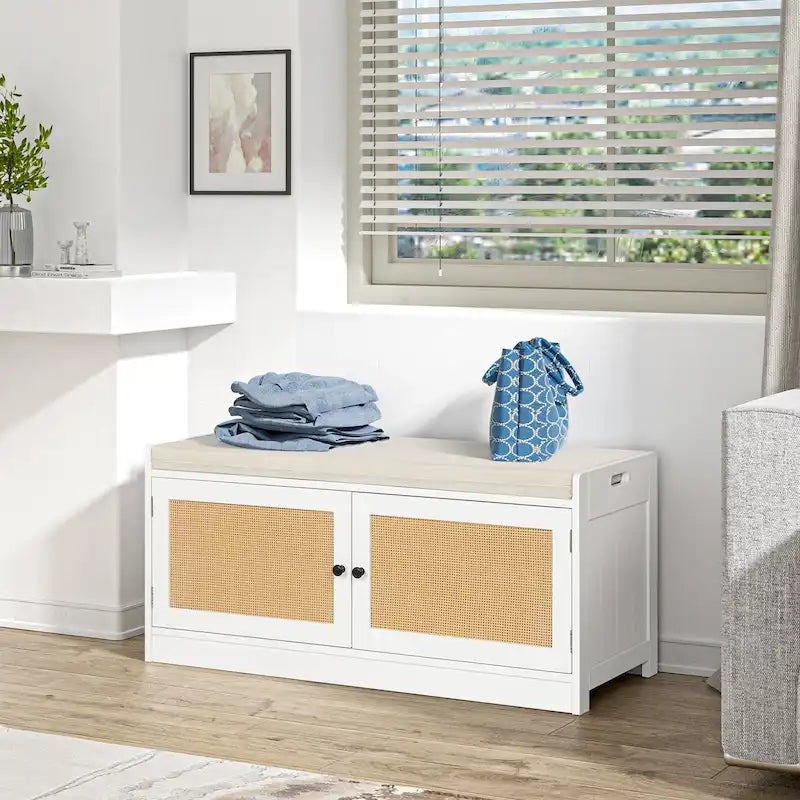 Anmytek White Shoe Storage Bench for Entryway with Cushion and Adjustable Shelves - 39.8   W x 15.7   D x 18   H