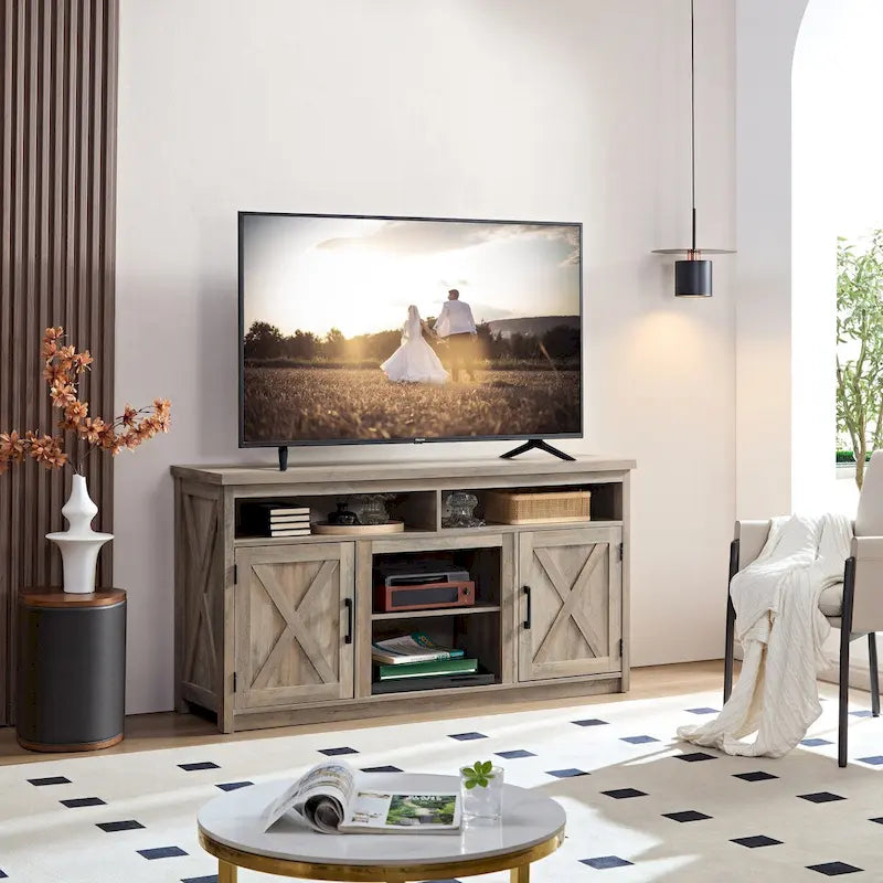 Farmhouse Barn door TV Media Stand Modern Entertainment Console for TV Up to 65   with Open and Closed Storage Space