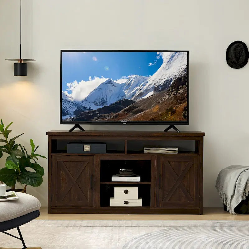 Farmhouse Barn door TV Media Stand Modern Entertainment Console for TV Up to 65   with Open and Closed Storage Space
