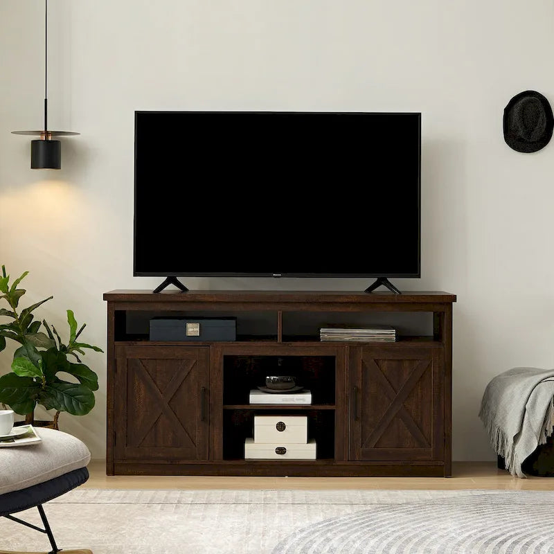 Farmhouse Barn door TV Media Stand Modern Entertainment Console for TV Up to 65   with Open and Closed Storage Space