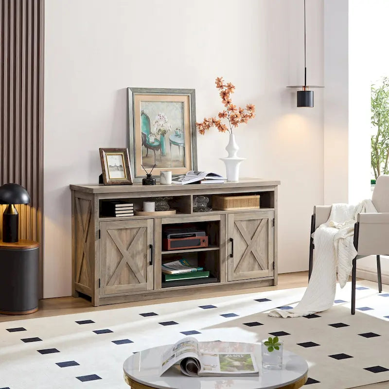 Farmhouse Barn door TV Media Stand Modern Entertainment Console for TV Up to 65   with Open and Closed Storage Space