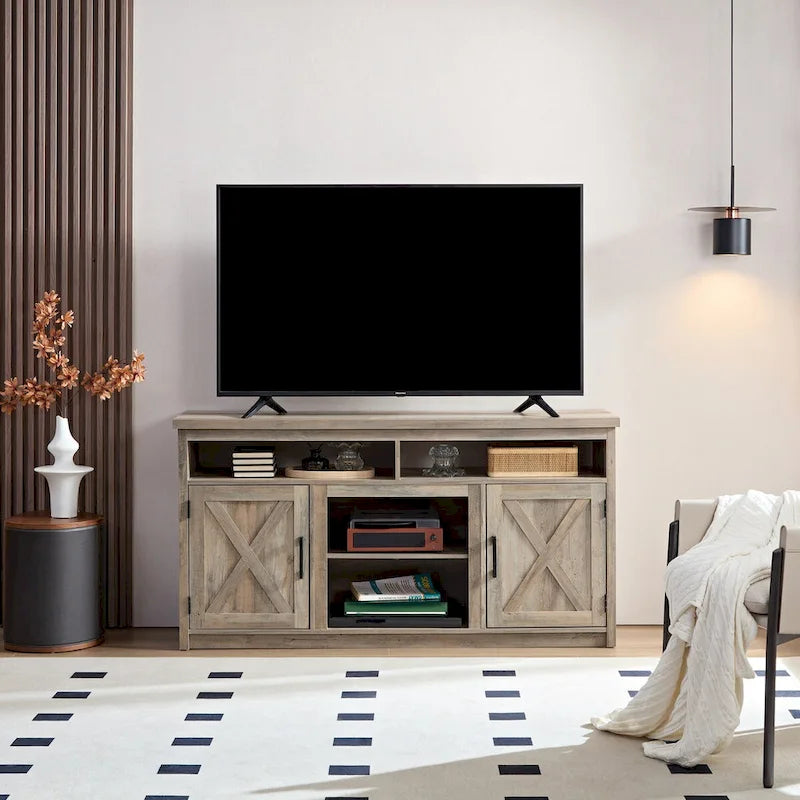 Farmhouse Barn door TV Media Stand Modern Entertainment Console for TV Up to 65   with Open and Closed Storage Space